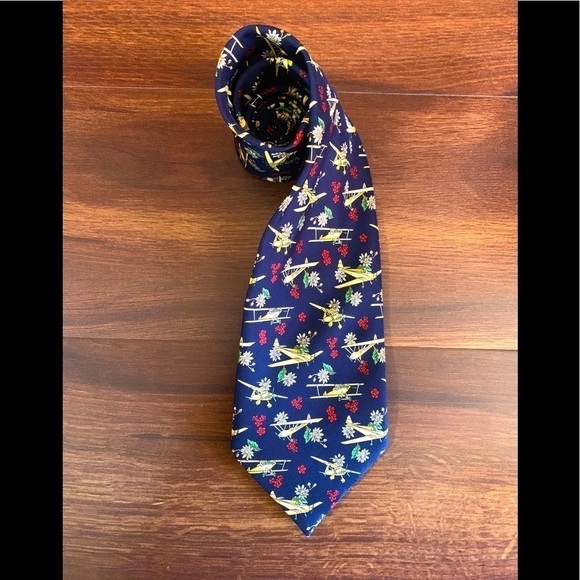 BENJAMIN JAMES 100% Silk Planes & Flowers Print on Blue Tie Made in England - Picture 1 of 8